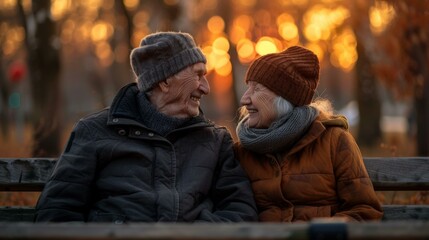 Wall Mural - A couple sitting on a bench in the park with trees behind them. Generative AI.