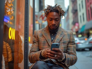 Wall Mural - A man with dreadlocks sitting on a bench looking at his phone. Generative AI.