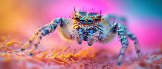 Poster - A jumping spider with blue eyes and a pink background. Generative AI.