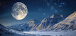 A detailed image of the moon hanging low over a snowy mountain range. 32k, full ultra hd, high resolution