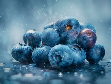 A bunch of blueberries are sitting in a puddle. Generative AI.