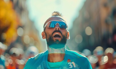 Sticker - A man with sunglasses and a beard running in the street. Generative AI.