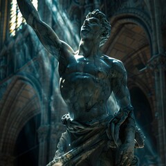 Dramatic Vintage Statue of Athletic Deity in Gothic Cathedral with Intense Lighting for Timeless Feel