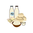 Dairy products set. Milk, kefir and yogurt in cardboard packaging containers, glass bottle. Different cheese, butter and cream. Organic farm healthy food. Vector cartoon flat isolated illustration