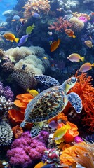 Poster - A turtle swimming among colorful coral reefs in the ocean. Generative AI.