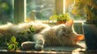 A cat laying on a window sill next to some potted plants. Generative AI.