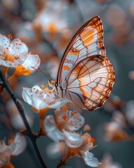 Sticker - A butterfly perched on a branch of flowers with leaves.