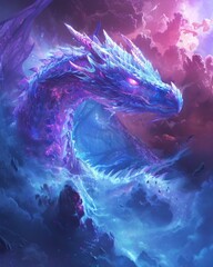 Wall Mural - a purple dragon with glowing eyes is flying through the clouds.