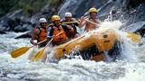 Fototapeta Łazienka - A group of people are rafting down a river, with one of them holding a yellow paddle