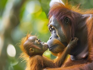 Poster - A baby orangutan kisses its mother's cheek in the jungle. Generative AI.