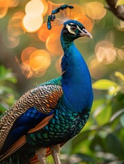 Poster - A colorful peacock standing on a branch with bright lights in the background. Generative AI.