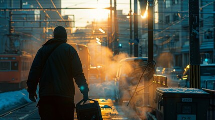 Poster - A man walking down a street with steam coming out of the ground. Generative AI.