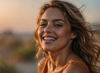 Canvas Print - A woman smiling while sitting on a beach with the sun in her eyes. Generative AI.