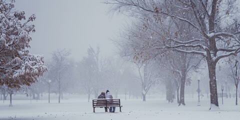 Poster - A couple sitting on a bench in a park during a snow storm. Generative AI.