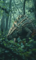 Poster - A large dinosaur is walking through the woods in a forest. Generative AI.