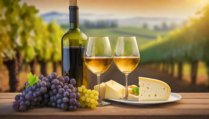 Glasses, bottle of tasty wine, cheese and grapes on table in vineyard