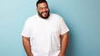 © Rachel Yee Laam Lai - joyful young hispanic plus size body positive male man boy guy 30s in white blank design casual t-shirt posing color background studio portrait, ai