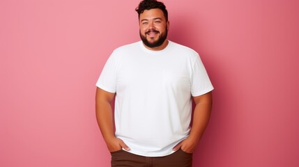 joyful young hispanic plus size body positive male man boy guy 30s in white blank design casual t-sh
