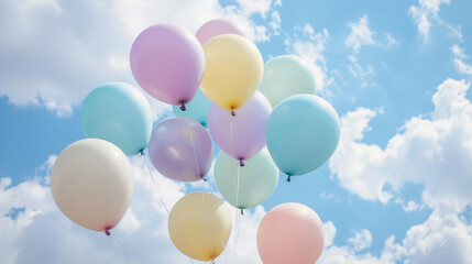 A bunch of colorful pastel colors balloons floating in the blue sky. Concept of joy and celebration.