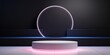 empty stage for product presentation, neon light circle on dark wall and round podium with copy space for product or photo background