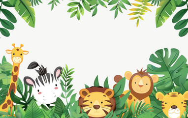 Wall Mural - Cute jungle animals peeking out from behind foliage, vector flat icon illustration with white background, lion zebra giraffe monkey tiger and parrot, simple design