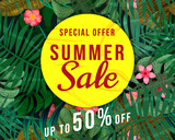 Fototapeta  - Summer Sale banner tropical plant, flowers and leaves