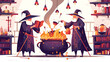 Three witches stirring poison brew potion