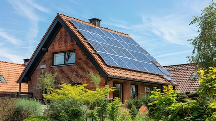 Wall Mural - solar panels installed on the roof of a house, with the family inside enjoying a sustainable lifesty