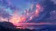Panoramic Coastal Sunset with Silhouetted Lighthouse at Dusk Dramatic Skies and Tranquil Ocean Reflecting the Vibrant Twilight Scene