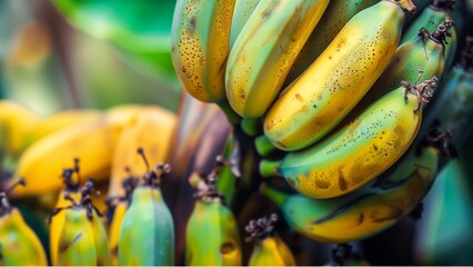 Poster - bananas on a market, fruit in market or farm concept,  a group of ripe banana fruits closely