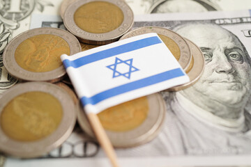 Wall Mural - Israel flag on coin and banknote money, finance trading investment business currency concept.