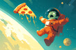 Playful scene of a zombie in a spacesuit, clumsily floating towards a floating pizza in zero gravity,  2d Illustrator