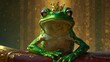 A majestic green frog adorned with a gleaming crown, exuding royalty sitting on a luxurious cushion against a golden background