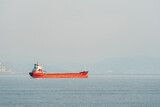 Fototapeta Kuchnia - Orange general cargo ship anchored off the coast of Alanya, Antalya
