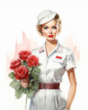 Watercolor Illustration Of A Nurse In Vintage Attire, Featuring A Red Cross Pin And Holding Red Roses, Capturing The Essence Of Care And Visitation
