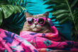 A cute cat wearing a towel and sunglasses, nestled in a vibrant pink towel, surrounded by tropical leaves against a pop inspo backdrop.