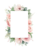 Fototapeta  - Dusty pink roses flowers and eucalyptus leaves. Watercolor vector rectangle floral frame. Wedding stationary, greetings, wallpapers, fashion, fabric, home decoration. Hand painted illustration.