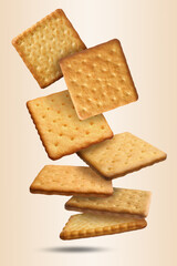 Wall Mural - Tasty dry square crackers falling on beige background