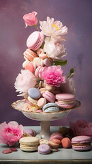 Wall Mural - A tower of macarons and flowers as cake decorating supply on a table