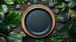 A dramatic black plate on a light wood table surrounded by scattered natural elements like leaves and stones, blending indoors with nature