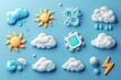 3d weather icons render style sun cumulus and snowflakes Trendy fluffy bubbles clouds wind symbol raindrops Pithy isolated vector set of weather meteorology