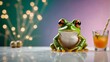 A whimsical image of a vibrant green frog calmly sitting by a cocktail glass, with a backdrop of sparkling lights