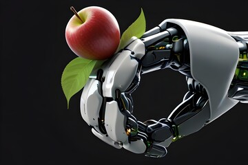 Robot hand future concept technology food science apple flower green industry arm isolated 3d plant artificial fruit. Future tech robot hand hold nature biology synthetic. AI Generative  Generative AI