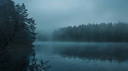 Wall Mural - Quiet lake before dawn in the mist, with smog