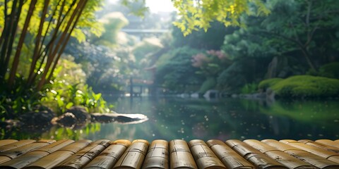 Wall Mural - Tranquil Zen Garden Bamboo Table Peaceful Refuge for Mindful Wanderer with Copy Space