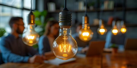 Poster - Suspended light bulbs spark ideas during a collaborative brainstorming session in a sleek conference room setting