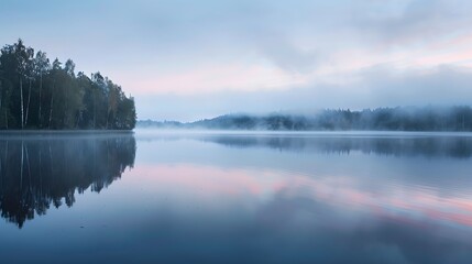 Wall Mural - Quiet lake before dawn in the mist, with smog