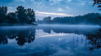 Wall Mural - Quiet lake before dawn in the mist, with smog