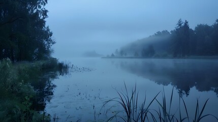 Wall Mural - Quiet lake before dawn in the mist, with smog