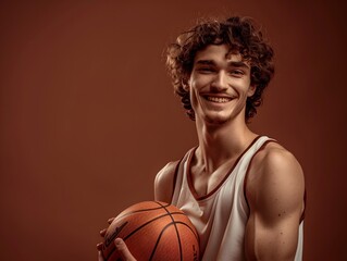 Young basketball player with the classic ball in hand and beautiful smile, copy space for text, solid background